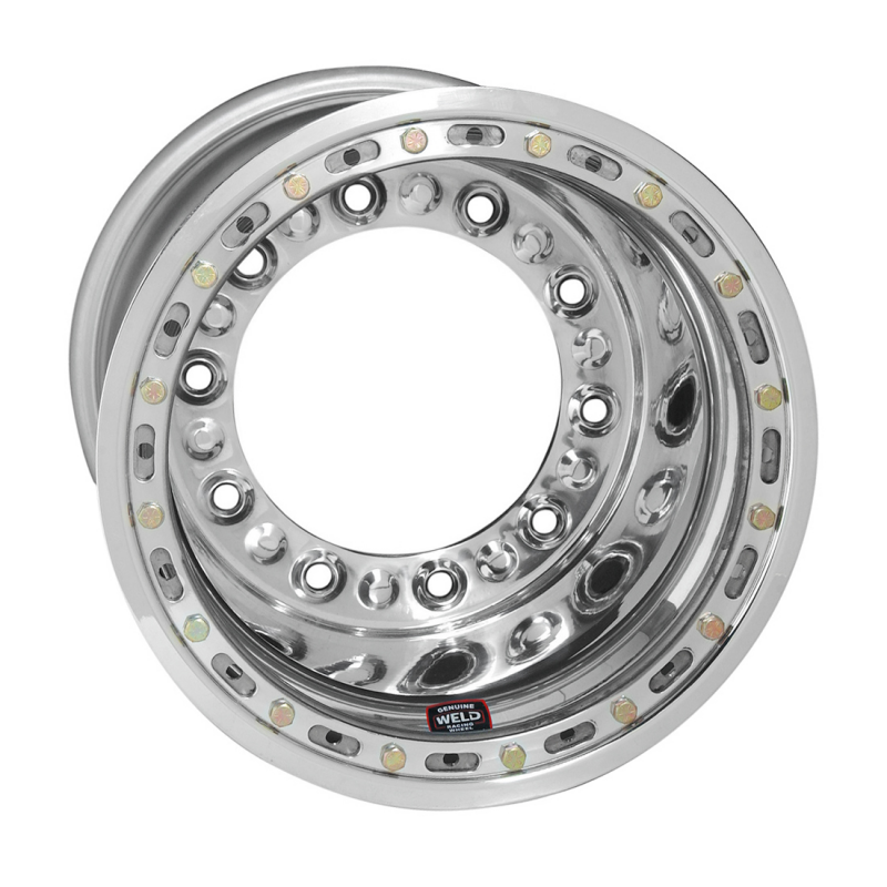 Weld Forged Wide 5 HS polished shell black-mod cover wheel with 15x13 and 5x10.25 bolt pattern, showcasing a sleek wheel design.