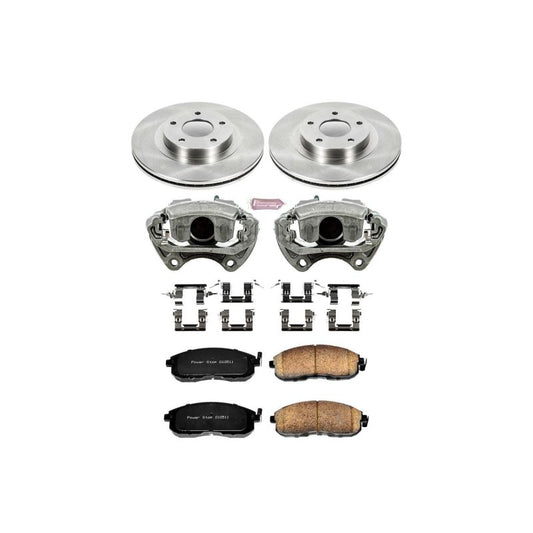 PowerStop OE front brake kit with calipers for Infiniti I35, including brake rotors and calipers, shown in the image.