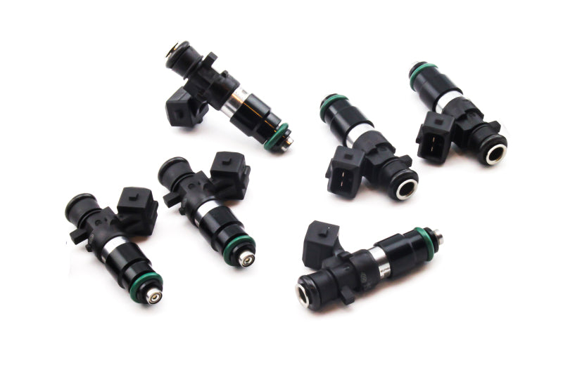 DeatschWerks Bosch EV14 1200cc fuel injectors set for Porsche 911 996 six-cylinder engine, showing six high-performance injectors.