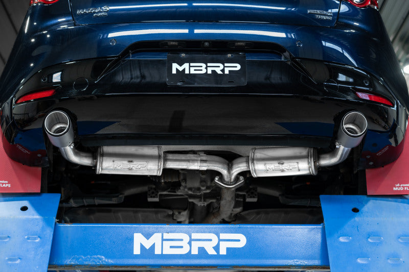 MBRP Mazda 3 Hatchback T304SS axle-back exhaust with dual rear exit and carbon fiber tips, designed for 2019-2023 models.