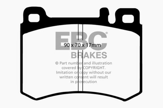 EBC Ultimax front brake pads for Mercedes-Benz 560 SL, OE quality, installed on vehicle showing brake pad design and packaging