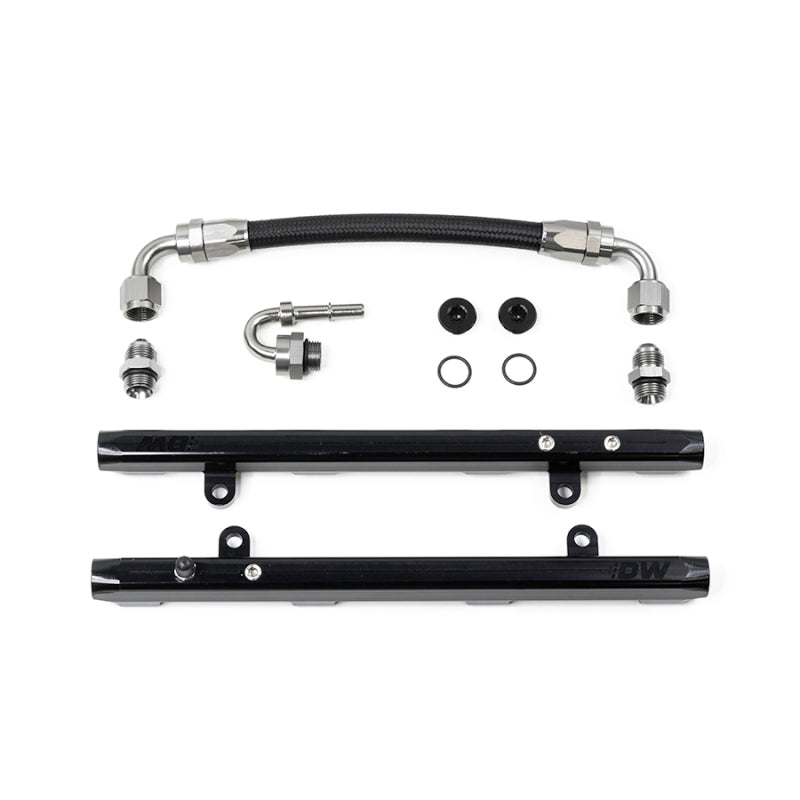 DeatschWerks fuel rails for 2011-2017 Ford Mustang and F-150 Coyote 5.0 V8 engine with crossover design, shown in the image.