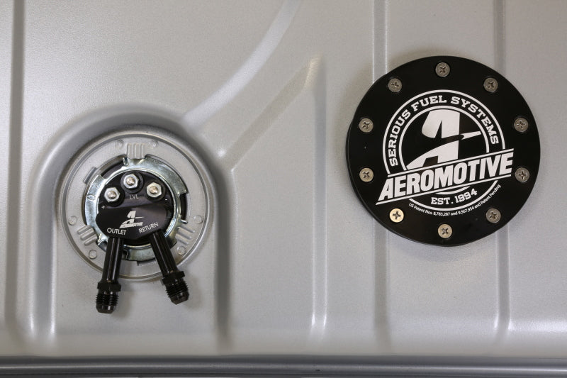 Aeromotive 1970 Chevrolet Nova 200 Stealth Gen 2 fuel tank showing sleek black design and high-performance features.