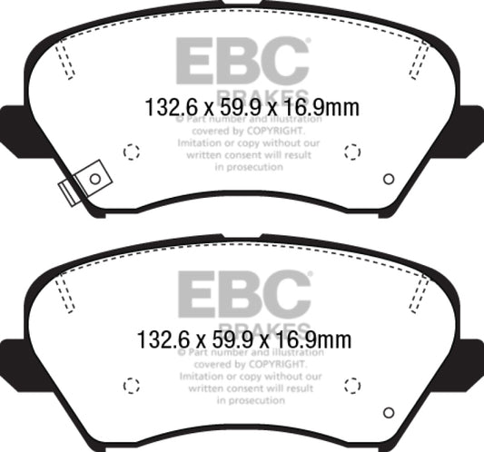 EBC Greenstuff front brake pads for 2017 Hyundai Elantra GT 2.0L, performance brake pads with visible friction material and backing plate