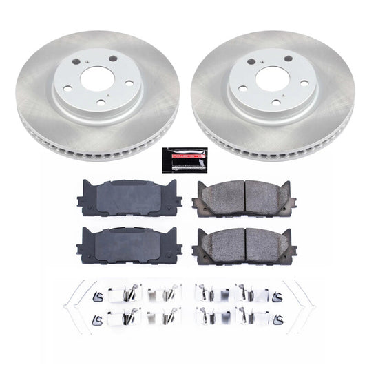 PowerStop performance semi-coated front brake rotor kit for 2007-2017 Toyota Camry, showing the brake rotors installed.