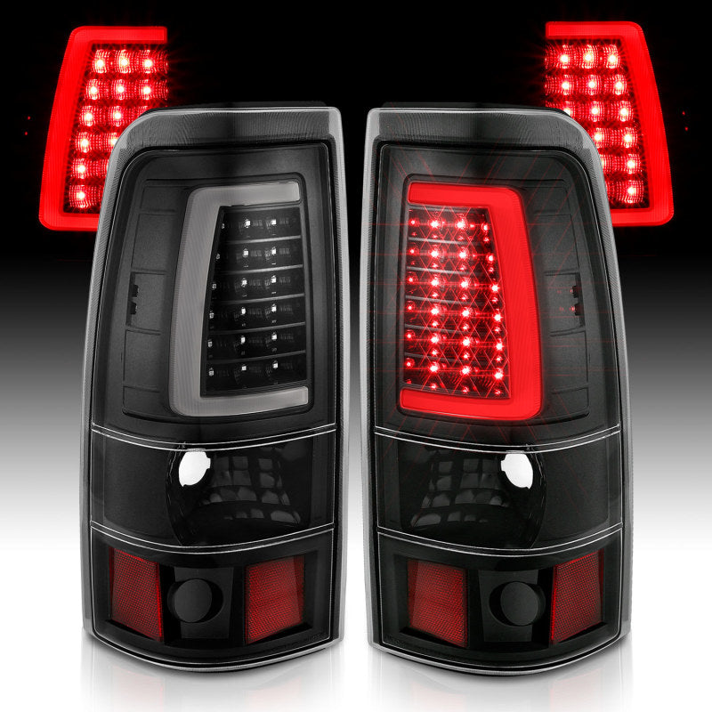 ANZO LED taillights for 1999-2002 Chevy Silverado 1500, black plank style with clear lens, designed for durable truck lighting.