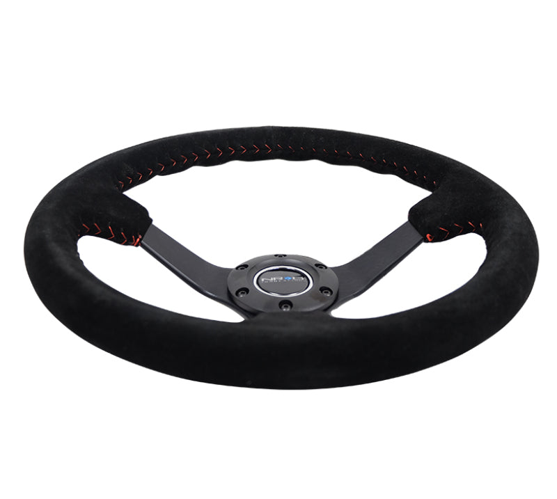 NRG reinforced steering wheel with 350mm black suede and red basketball stitching, 3-inch deep, matte black spokes.