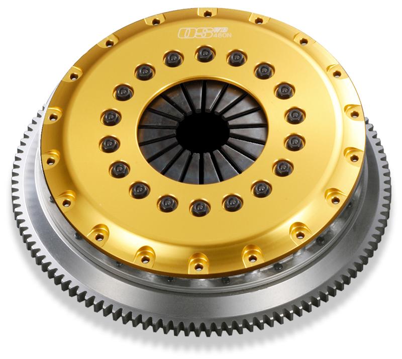 OS Giken Nissan Skyline GT-R R34 R4C clutch kit showing multi-plate clutch components and pressure plate assembly.