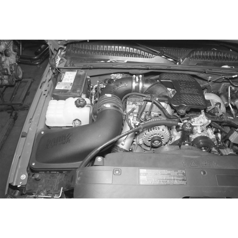 Banks Power Chevy 6.6L LLY/LBZ Ram-Air Intake System with dry filter, showcasing the short ram air intake setup for improved engine airflow.