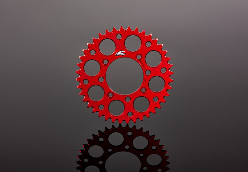 Renthal GasGAS TXE rear grooved sprocket in red, 520-40P teeth, designed for motorcycle performance and durability.