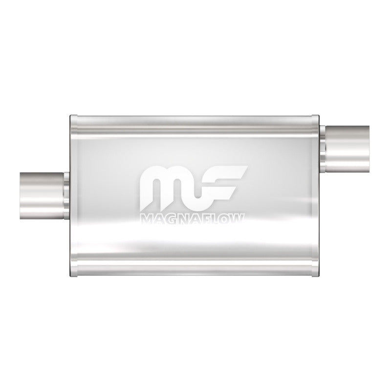 MagnaFlow Mag SS exhaust muffler with 11x4x9 inch size and 2.5 inch offset, showing the stainless steel construction and inlet/outlet pipes.