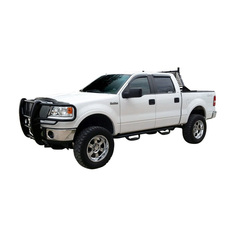 Westin black headache rack for Chevrolet, Ford, GMC, and Toyota Silverado/Sierra 1500-3500 HD trucks, mounted on truck bed.