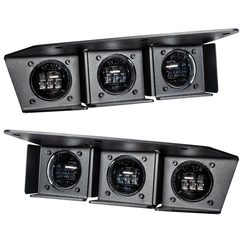 Oracle Lighting 21-22 Ford Bronco triple LED fog lights kit with white LEDs installed on steel bumper for enhanced visibility.