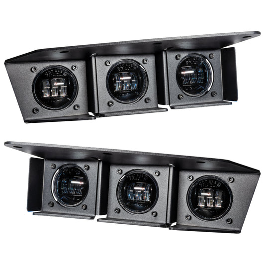 Oracle Lighting 21-22 Ford Bronco triple LED fog lights kit with white LEDs installed on steel bumper for enhanced visibility.