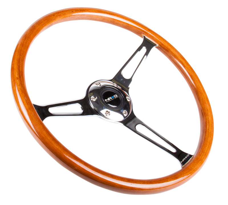 NRG reinforced 360mm classic wood grain steering wheel with chrome cutout and 3-spoke center for car interior upgrade