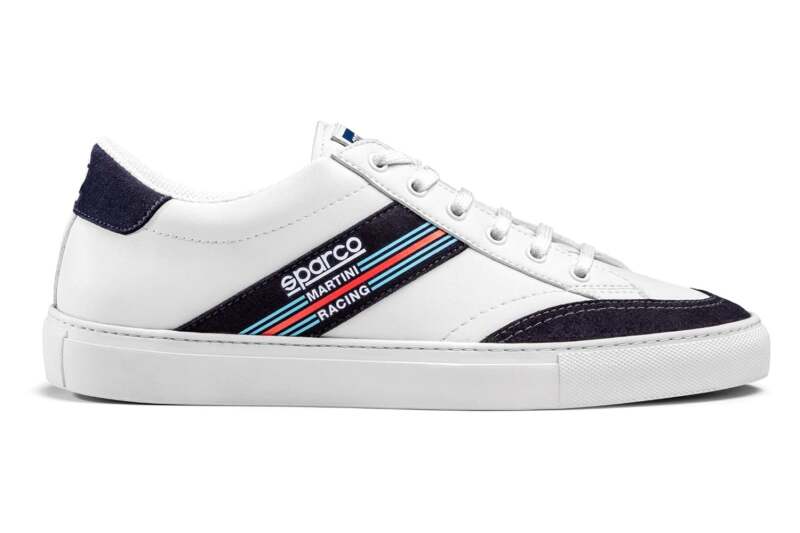 White and navy Sparco S-Time 44 shoes with sporty design, featuring breathable material and stylish laces.