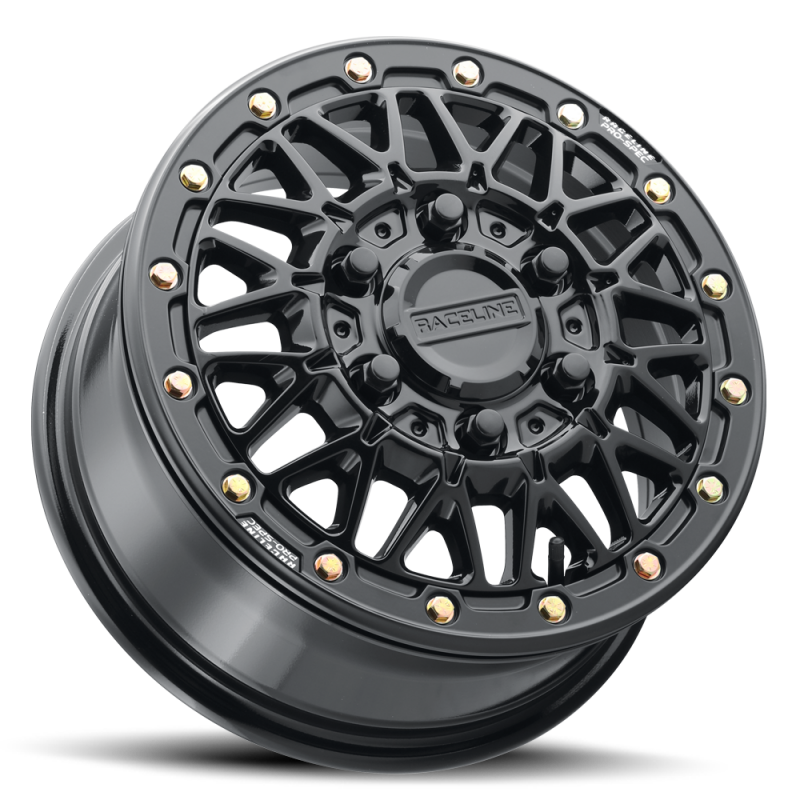 Raceline A15 Omega forged 15x6 inch gloss black wheels with 6x139.7 bolt pattern and 74mm offset.