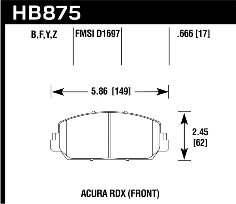 Hawk Performance front brake pads for Acura RDX and RLX 2014-2017, high-performance brake pads, durable and reliable.