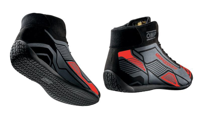 OMP Sport Racing Shoes in black and white, size 44, designed for racing with durable, lightweight construction and racing grip outsole.