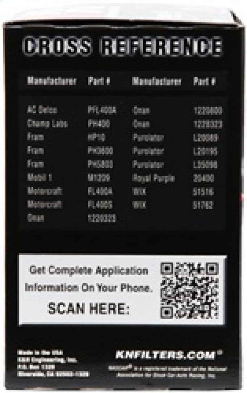 K&N oil filter for Ford, Lincoln, Mercury, Mazda, Chrysler, Dodge, Jeep, Jaguar, showing the 3-inch diameter and 5.063-inch height.