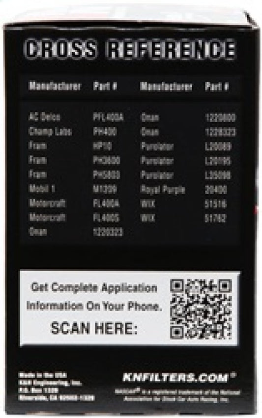 K&N oil filter for Ford, Lincoln, Mercury, Mazda, Chrysler, Dodge, Jeep, Jaguar, showing the 3-inch diameter and 5.063-inch height.