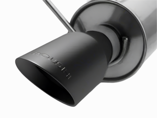 Roush axle back exhaust for Mustang V6/EcoBoost, black tip design, showing the sleek exhaust tips on the vehicle.
