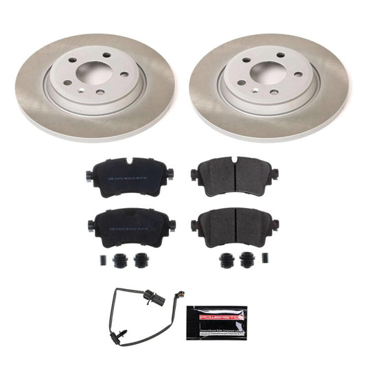 PowerStop rear semi-coated rotor kit for Audi A4 2017-2020, performance brake rotor set with blank finish, visible rotor and brake components.