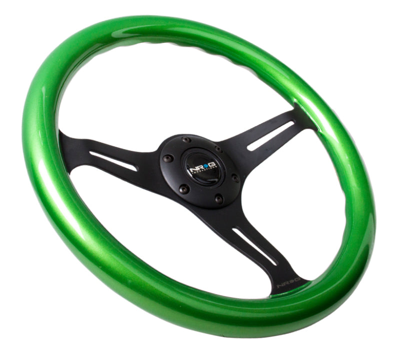 NRG Classic wood grain steering wheel with 350mm diameter, green pearl/flake paint, black 3-spoke center for car interior.
