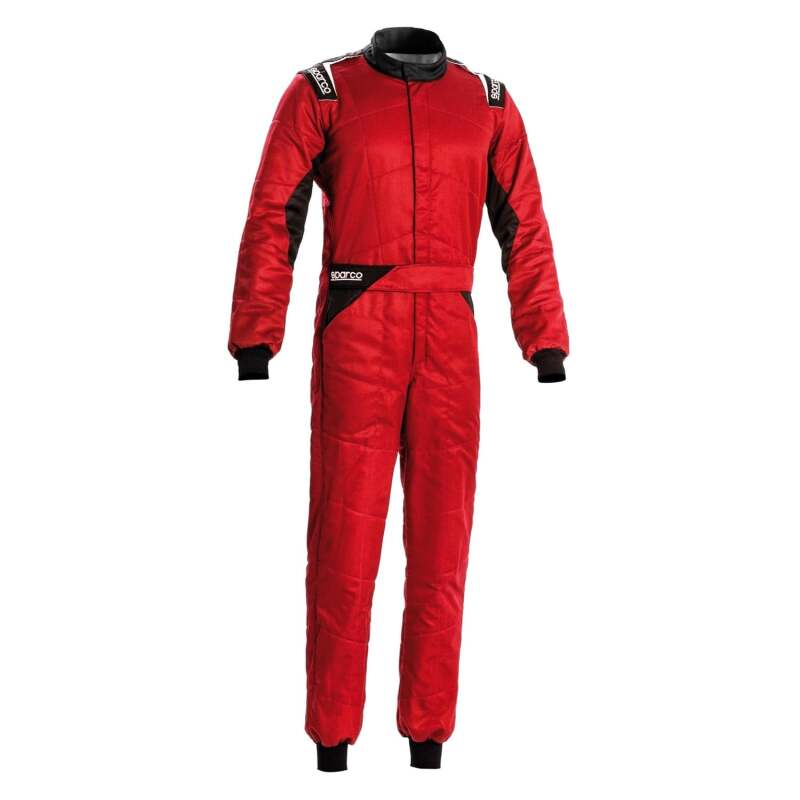Sparco Sprint racing suit with red and black design, featuring boot cuff, made for motorsport performance and safety.