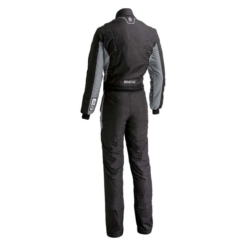 Black and gray Sparco racing suit, Stint 60 model, designed for motorsport safety and performance, with detailed fabric texture.
