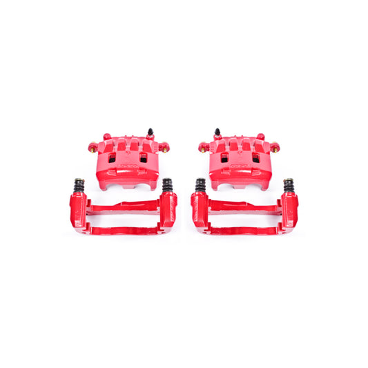 Pair of PowerStop red front brake calipers with brackets for Saab 9-2X, performance brake calipers for enhanced stopping power.