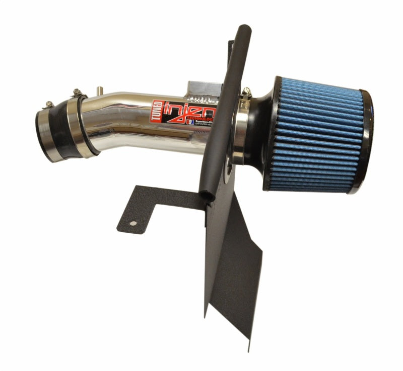 Injen polished cold air intake for 2017-2018 Toyota iA 1.5L engine, showing the sleek, metallic intake pipe and filter.