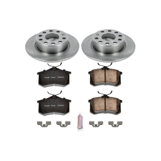 PowerStop OE rear brake kit for 2010-2013 Audi A3, featuring brake pads and rotors for reliable stopping power.