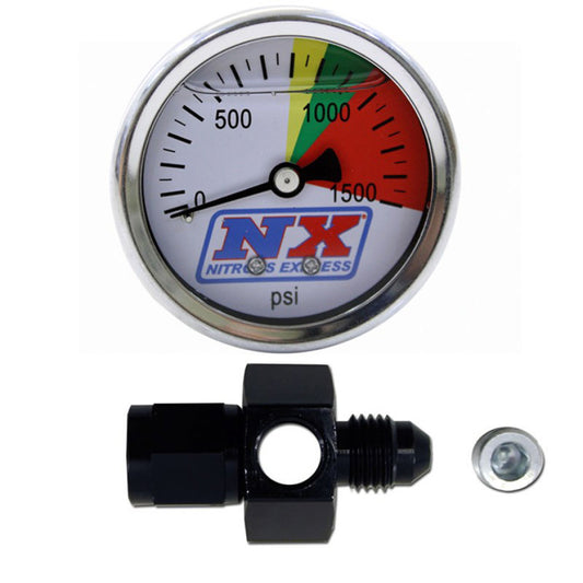Nitrous Express N2O Flo-Thru Pressure Gauge showing 0-1500 PSI with 6AN fittings for nitrous oxide systems.