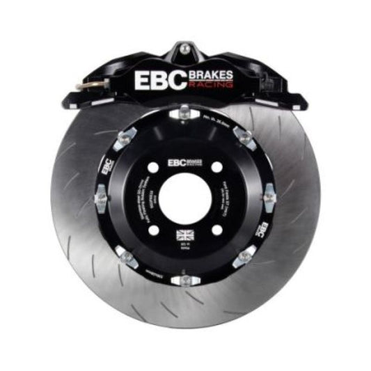 EBC Racing black 6-piston Apollo brake calipers and 355mm rotors from big brake kit on VW Golf GTI Mk7/Mk8.