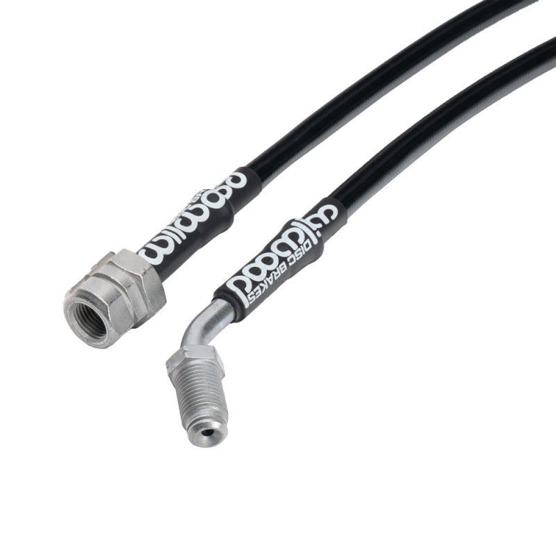 Wilwood front brake line kit for 2004 Volkswagen R32, flexible brake lines with metal fittings, installed on vehicle.