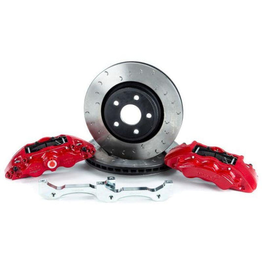 Alcon 2018+ Jeep JL big brake kit with 350x32mm rotors and 6-piston red calipers for front brake upgrade.