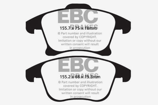 EBC Greenstuff front brake pads for Ford Fusion 1.6 Turbo, performance brake pads with green friction material, shown in the image.