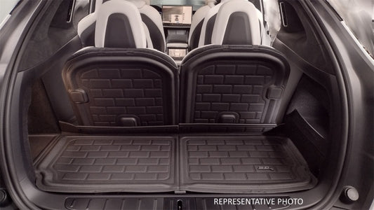 3D MAXpider Kia Sportage 23-24 cargo liner in black with seatback protection, durable rubber floor mat for vehicle cargo area.