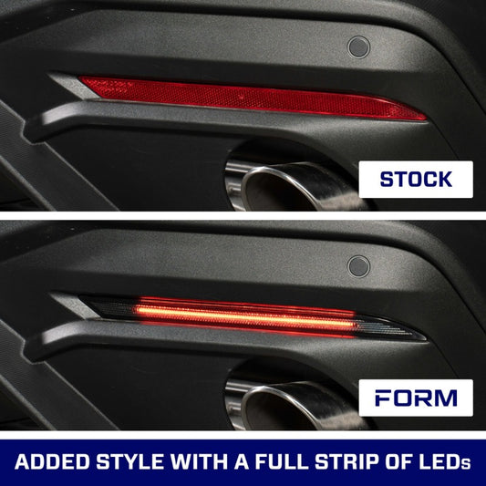 Pair of FORM Lighting 2018+ Mustang LED rear reflectors with red light strips, designed for enhanced visibility and style.