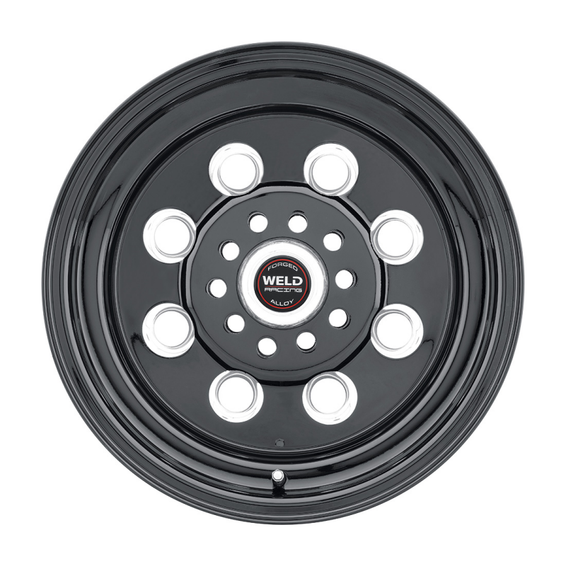 Weld Black Draglite 15x12 forged wheel with gloss black finish, 5x114.3 bolt pattern, 6.5 BS, 3.18 HB, side view.