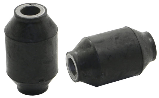 Moog Ford E-150 rear forward leaf spring bushing for suspension, shown in close-up view of rubber bushing and metal components.
