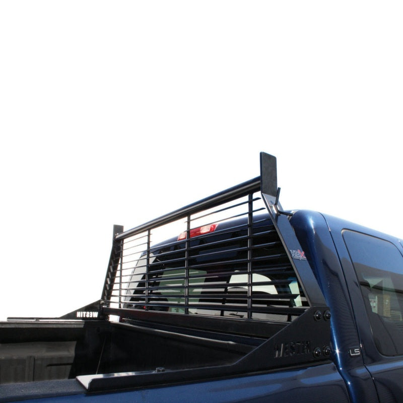 Westin black headache rack for Chevrolet, Ford, GMC, Toyota Silverado and Sierra 1500-3500 HD trucks, mounted on pickup truck bed.