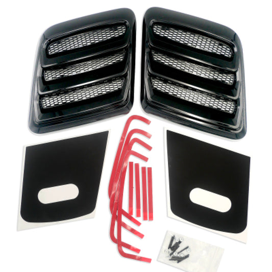 Roush 2018-2023 Mustang hood vents with gloss black heat extractors, designed for improved engine cooling and sleek appearance.