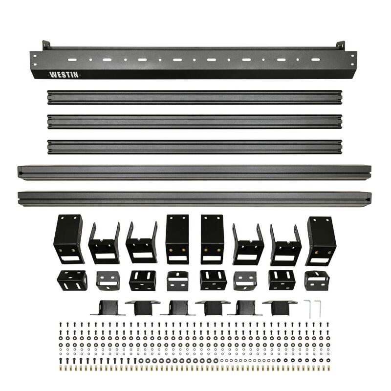 Westin Jeep Wrangler JL Unlimited Mesa Roof Rack, black metal roof rack with mounting points, installed on Jeep vehicle.