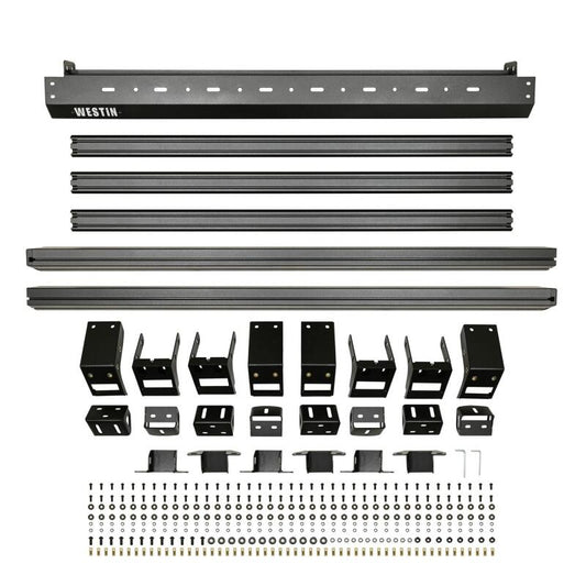 Westin Jeep Wrangler JL Unlimited Mesa Roof Rack, black metal roof rack with mounting points, installed on Jeep vehicle.