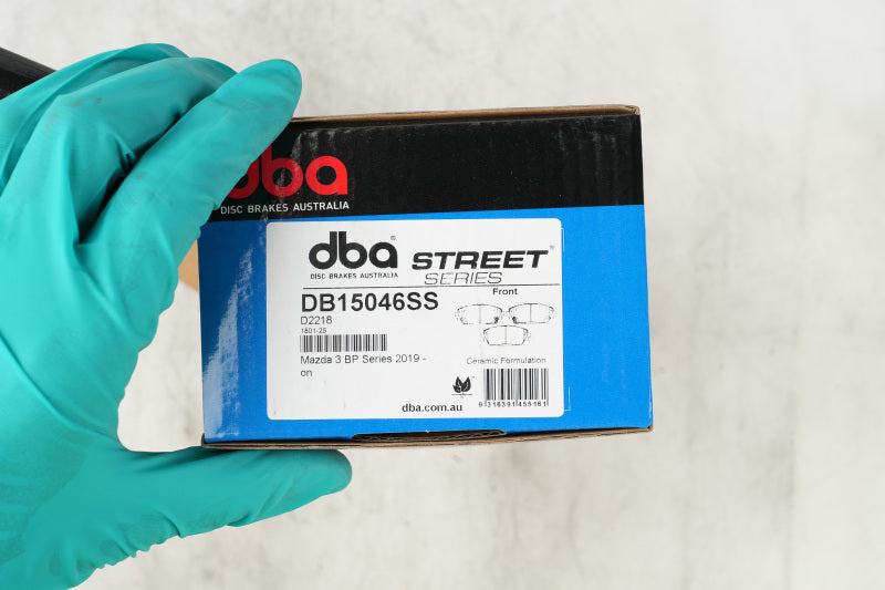 Pair of DBA 2019+ Mazda 3 BP Street Series front OE brake pads showing new brake pad components for Mazda vehicles.