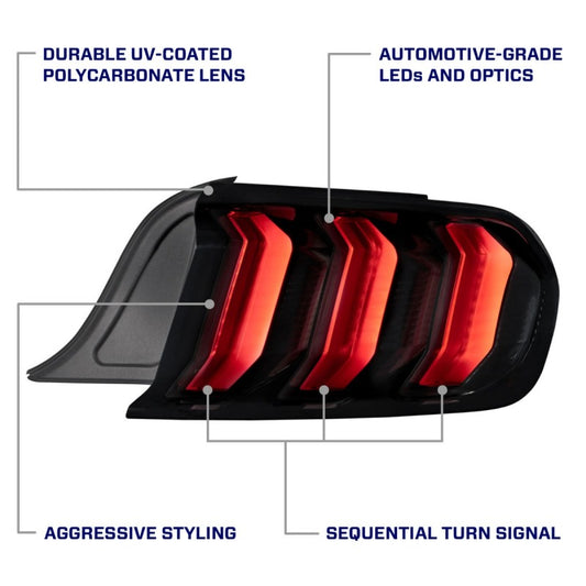 Pair of FORM Lighting smoke LED tail lights for 2015-2023 Ford Mustang, featuring sleek smoked lens and modern LED design.