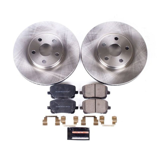 PowerStop OE front brake kit for Pontiac Vibe 2003-2008, including brake rotors and pads, shown in the image.