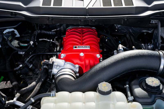 Roush 21-26 F-150 Supercharger Kit in red with 705HP, showcasing the high-performance supercharger for Ford F-150 trucks.
